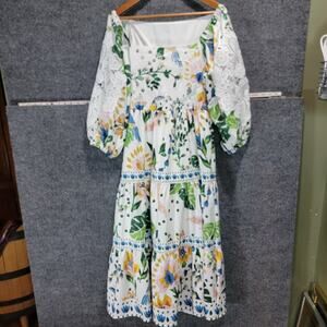 Boho Folk Inspired Floral Maxi Dress White Tiered Prairie Women M